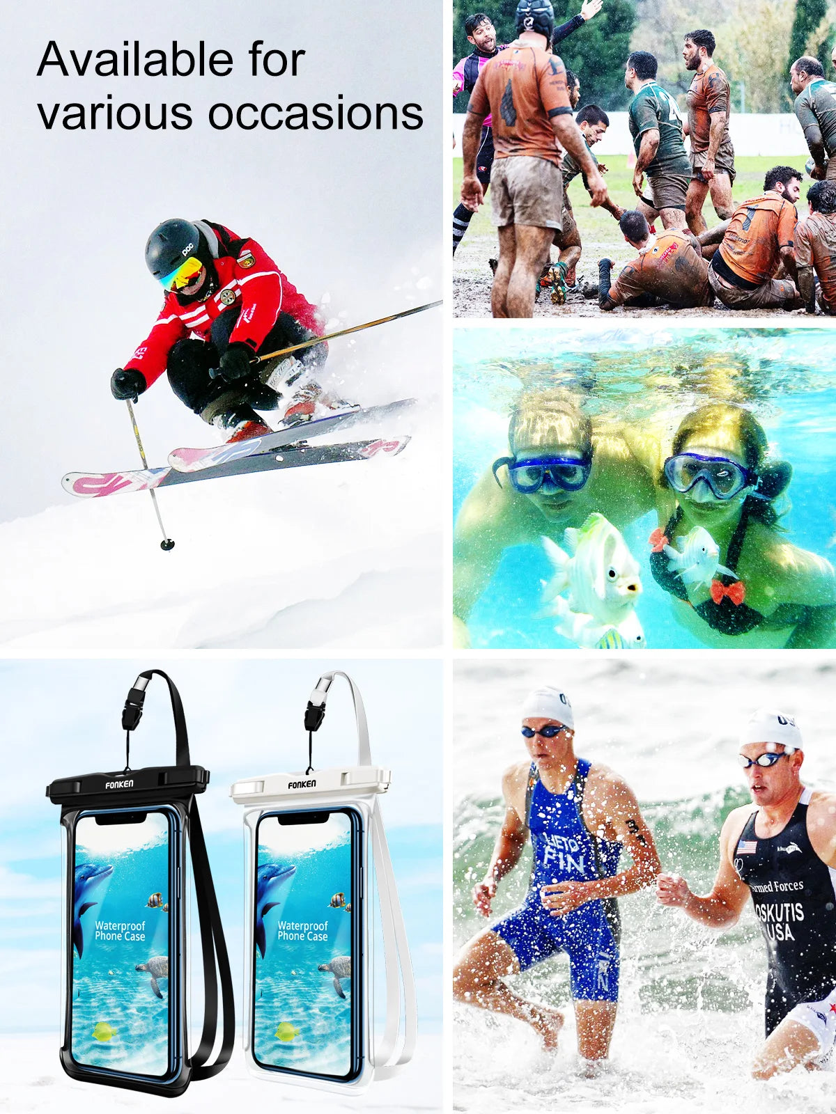 FONKEN-Étui étanche pour téléphone portable, vue complète, sous-marine, neige, forêt, sac sec transparent, poudres de natation, grandes couvertures