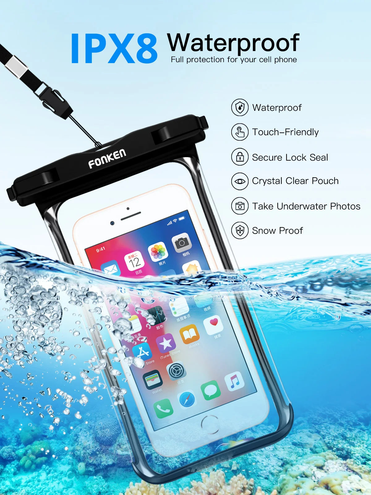 FONKEN-Étui étanche pour téléphone portable, vue complète, sous-marine, neige, forêt, sac sec transparent, poudres de natation, grandes couvertures