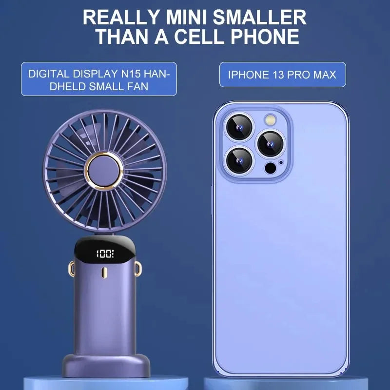 Mini ventilateur portatif pliable ventilateurs suspendus au cou ventilateur rechargeable USB à 5 vitesses avec support de téléphone et écran d'affichage 1800mAh