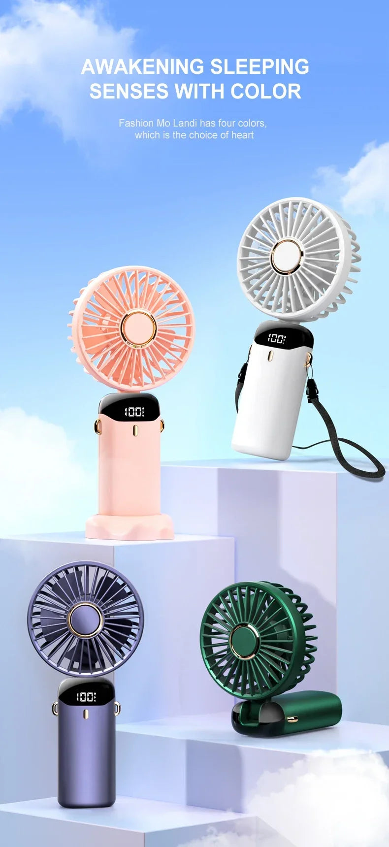 Mini ventilateur portatif pliable ventilateurs suspendus au cou ventilateur rechargeable USB à 5 vitesses avec support de téléphone et écran d'affichage 1800mAh