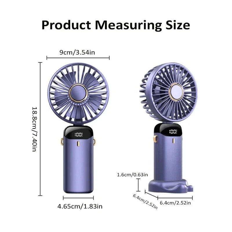 Mini ventilateur portatif pliable ventilateurs suspendus au cou ventilateur rechargeable USB à 5 vitesses avec support de téléphone et écran d'affichage 1800mAh