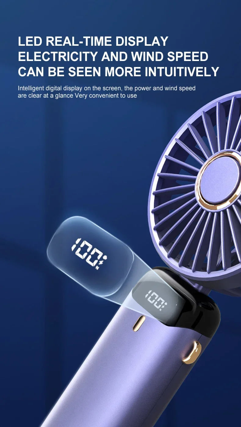 Mini ventilateur portatif pliable ventilateurs suspendus au cou ventilateur rechargeable USB à 5 vitesses avec support de téléphone et écran d'affichage 1800mAh