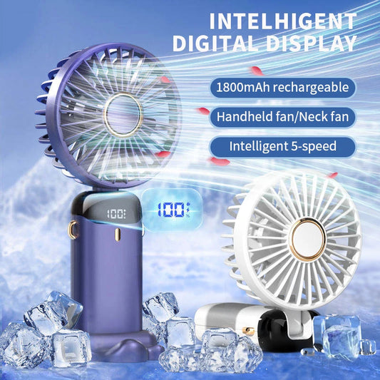 Mini ventilateur portatif pliable ventilateurs suspendus au cou ventilateur rechargeable USB à 5 vitesses avec support de téléphone et écran d'affichage 1800mAh