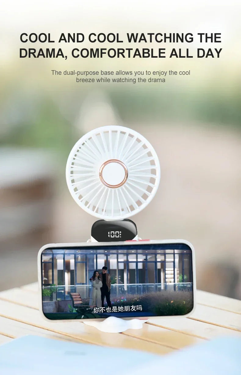 Mini ventilateur portatif pliable ventilateurs suspendus au cou ventilateur rechargeable USB à 5 vitesses avec support de téléphone et écran d'affichage 1800mAh