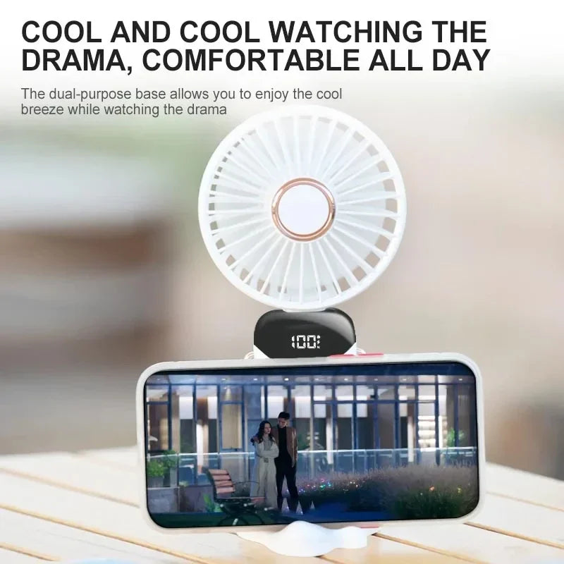 Mini ventilateur portatif pliable ventilateurs suspendus au cou ventilateur rechargeable USB à 5 vitesses avec support de téléphone et écran d'affichage 1800mAh
